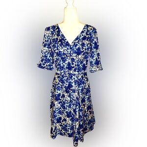 Unique Vintage Blue Floral Fit & Flare Mini Dress Size L